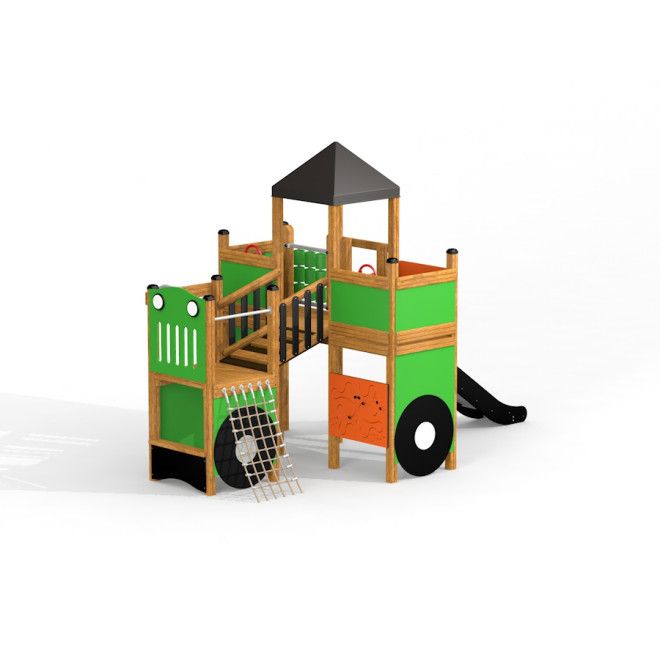 Big Tractor playhouse with slide fából és zöld elemekkel készült játszótéri mászóka csúszdával