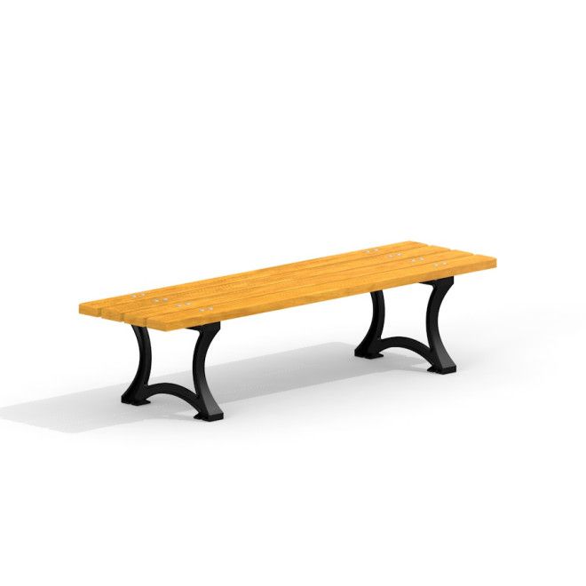 Bordeaux Bench w/o Backrest kültéri fa pad fekete fém lábakkal játszótéri környezetbe.