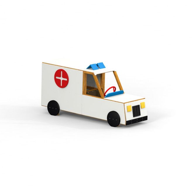 Ambulance játszótéri fa mentőautó piros kereszttel és kék szirénával.