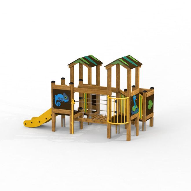 Jungle Treehouse playhouse with slide fa játszóház sárga csúszdával és állatmintákkal díszítve.