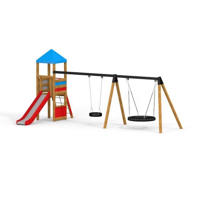Bird Nest Swing with Tower (BNS 120 cm) single slide fa játszótéri toronnyal, csúszdával és két hint