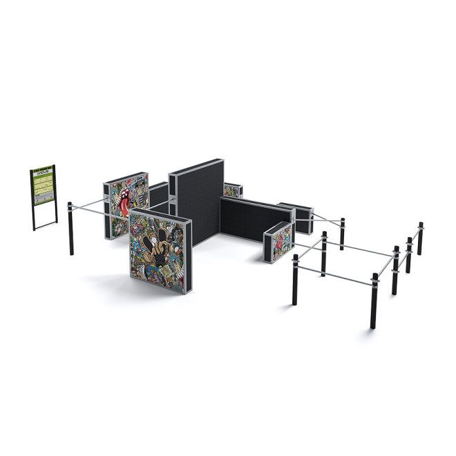 Large parkour set II ugróiskola és mászófal kültéri játszótéri elem, fekete és színes mintákkal.