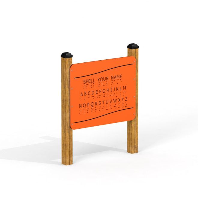 Board with braile alphabet, narancssárga tábla tapintható Braille-ábécével, fa oszlopokon.