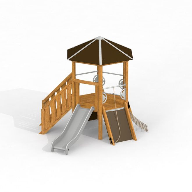 Six Angle w/ stairs & slide wooden playhouse fa játszóvár csúszdával és lépcsővel gyermekeknek.