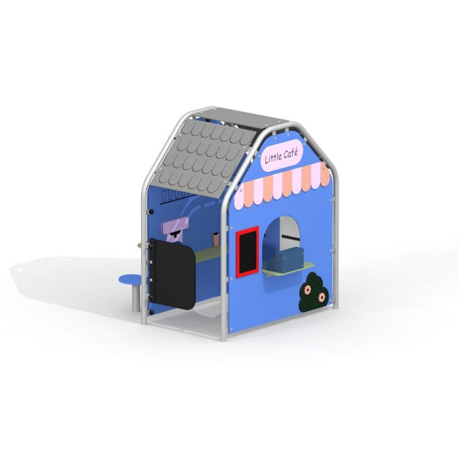 Little Café játszóház kék színben, tetővel és nyitott ablakkal, gyerekeknek tervezve.