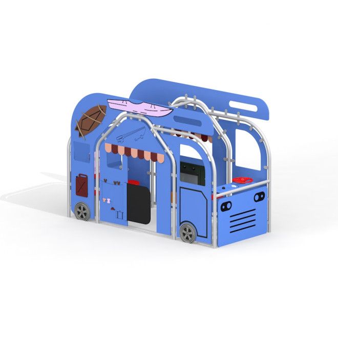 Kék Camper játszóház fém kerettel és játék elemekkel gyerekeknek.