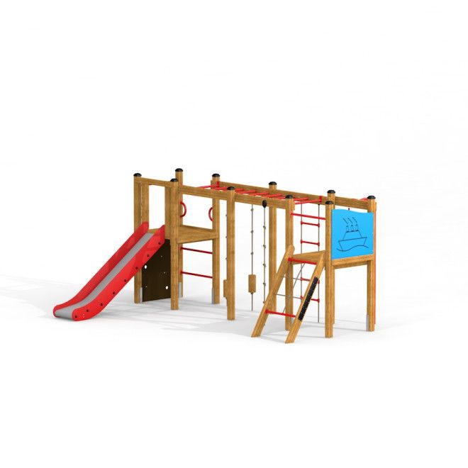 Zebra single slide fa és piros műanyag csúszdás játszótéri mászóka hajó motívummal.