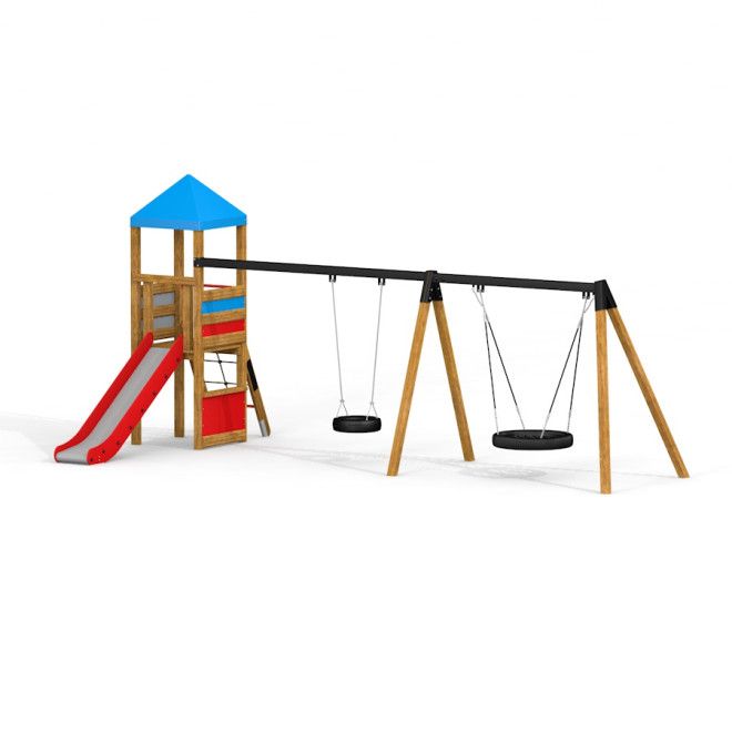Bird Nest Swing with Tower (BNS 90 cm) playhouse with slide fa játszótéri csúszdával és két gumi hin